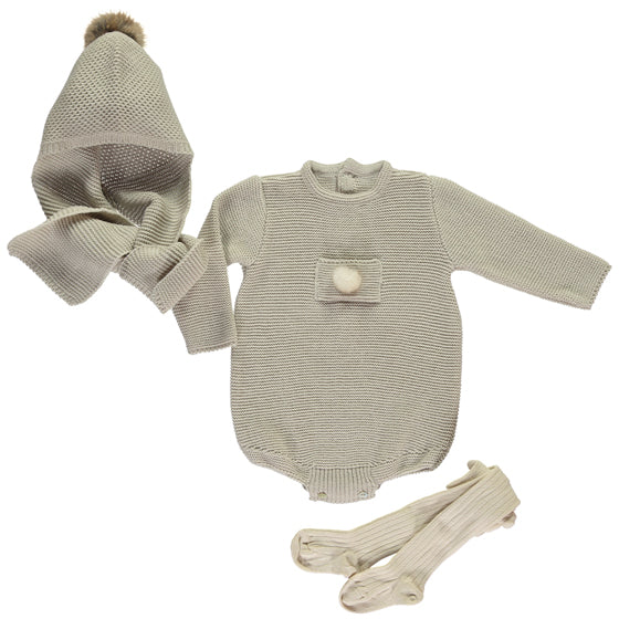 Classic style baby grow in cream colour with small pompom. Made in Spain.
