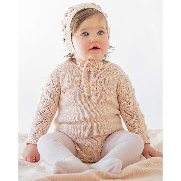 Beige popcorn romper knitting pattern Spanish baby and children's