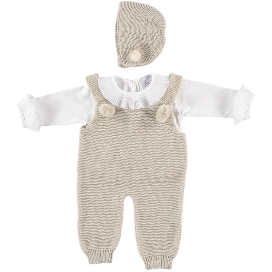 Beige baby romper with pompoms