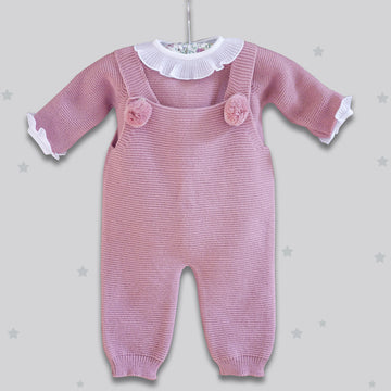 Pink baby romper with pompoms
