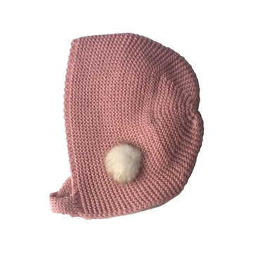 Dusty pink baby bonnet with small pom pom